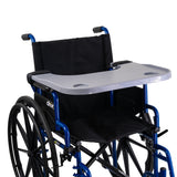 Plastic Tray Table for Wheelchairs: Image shows a durable ABS plastic tray table securely attached to a wheelchair, featuring a built-in cup holder and Velcro straps for easy installation and removal.