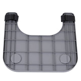 Plastic Tray Table for Wheelchairs: A grey ABS plastic tray with black velcro straps, designed to attach to wheelchair armrests. Features a built-in cup holder and raised lip for added functionality.