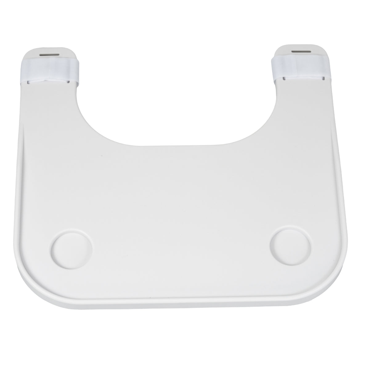 Plastic Tray Table for Wheelchairs: A white plastic tray with two circular cup holders, designed for secure attachment to wheelchair armrests using velcro straps, providing a stable surface for various activities.