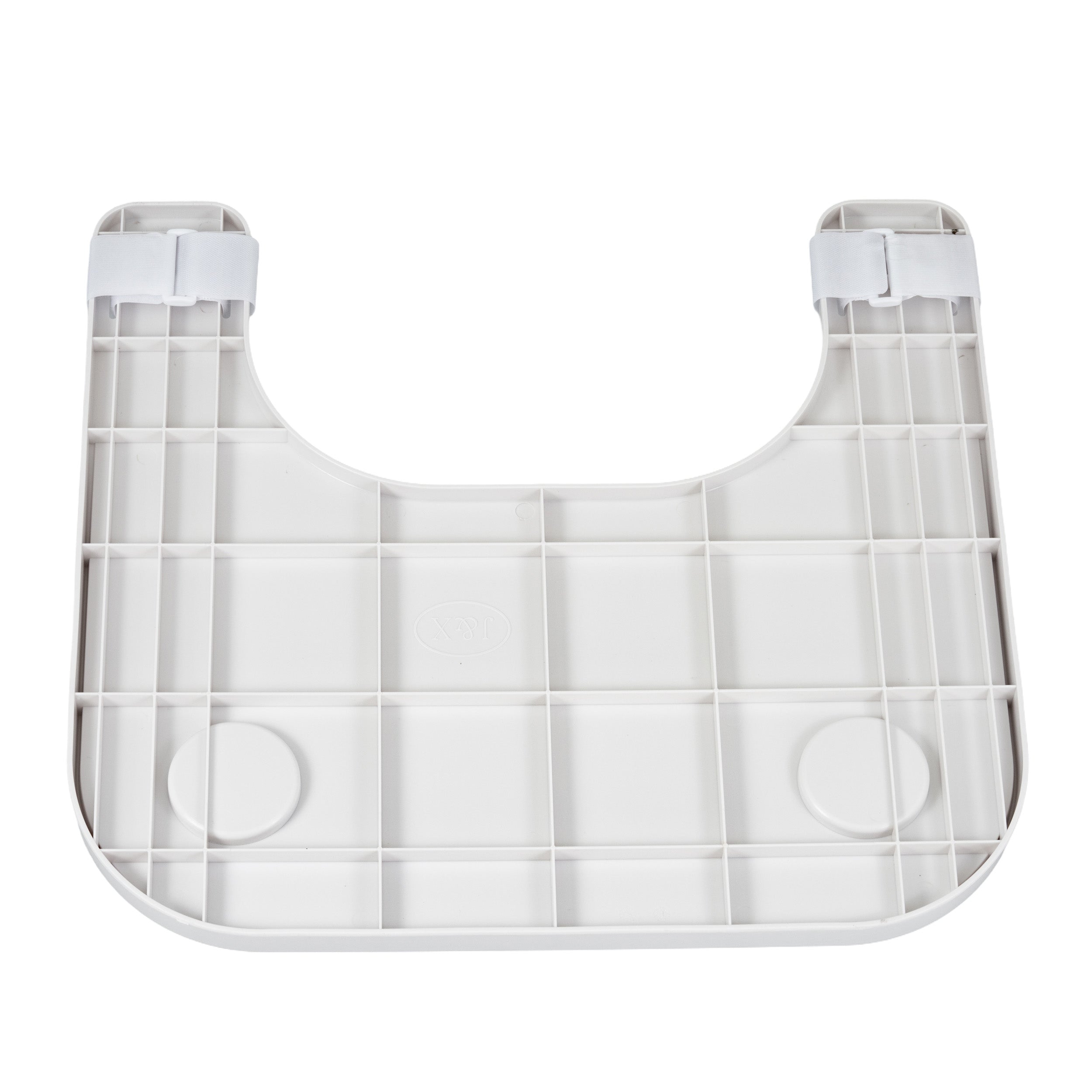 Plastic Tray Table for Wheelchairs: A durable, white ABS plastic tray with velcro straps, built-in cup holder, and raised lip, designed to securely attach to wheelchair armrests for versatile daily use.