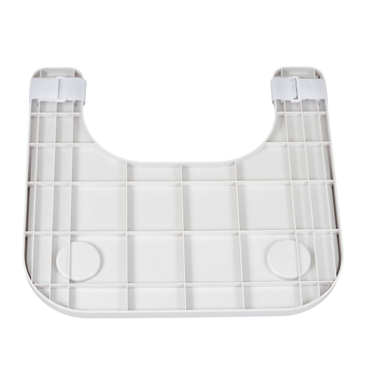 Plastic Tray Table for Wheelchairs: A durable, white ABS plastic tray with velcro straps, built-in cup holder, and raised lip, designed to securely attach to wheelchair armrests for versatile daily use.