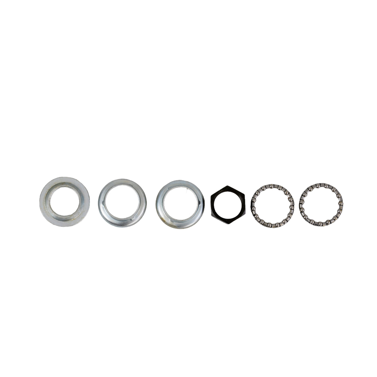 Headset Fork Bearing Kit for the Pacesaver Plus III & Passport, featuring a close-up of metal rings, nuts, and ball bearings, essential for maintaining smooth steering in mobility scooters.