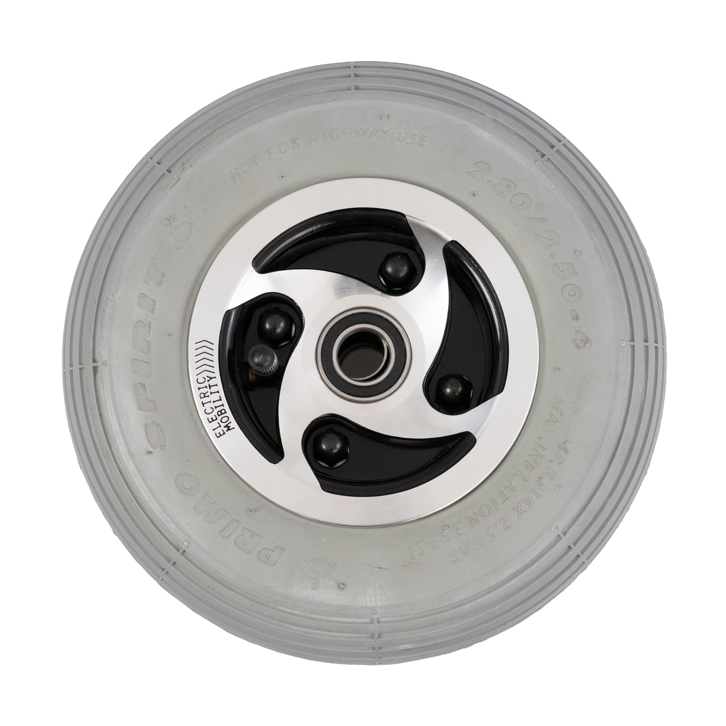 9x3 (2.80/2.50-4) Pneumatic Front Wheel with Ribbed Tread for Rascal Scooters & Power Chairs, featuring a silver 4-spoke rim, pre-installed bearings, and angled valve stem.