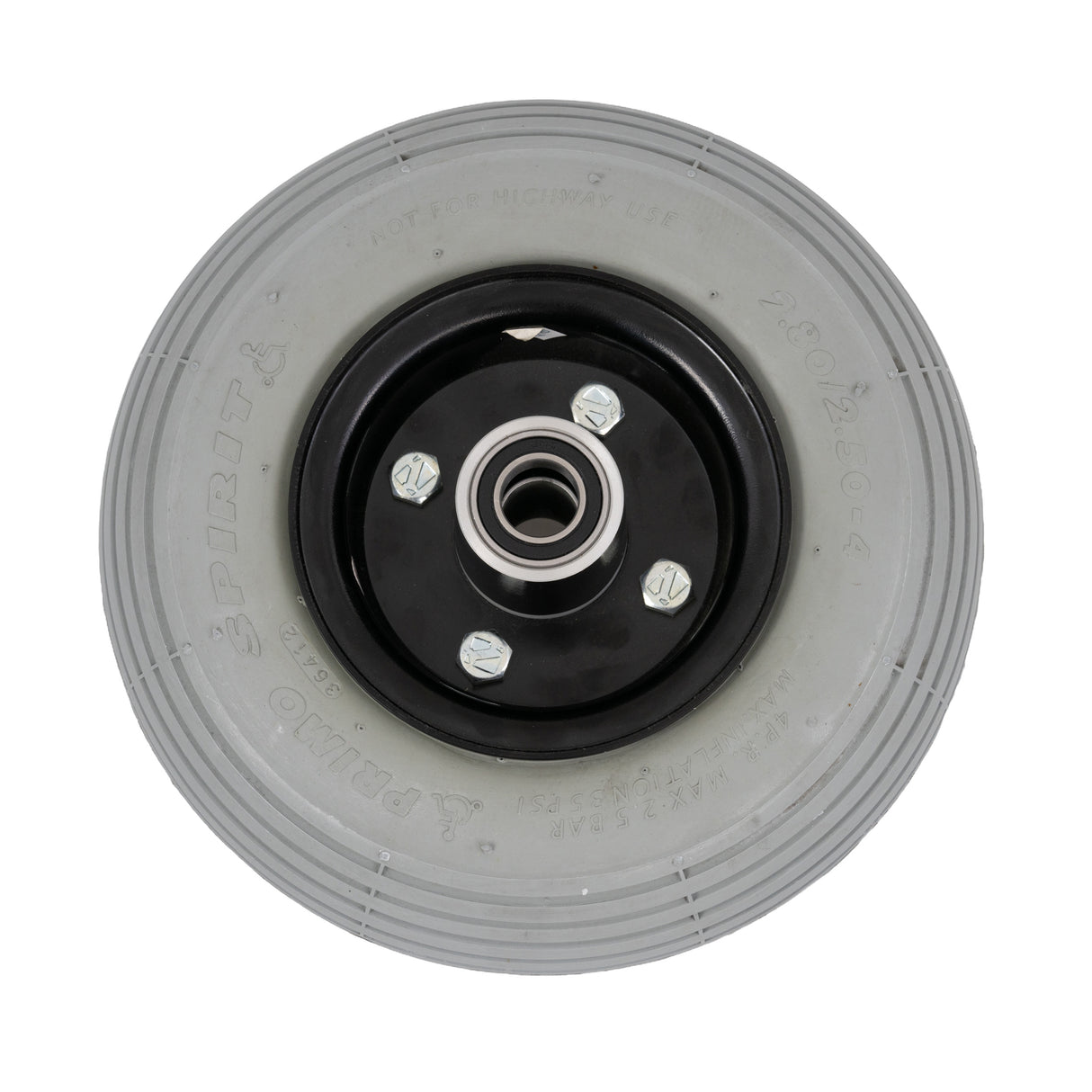 9x3 (2.80/2.50-4) Pneumatic Front Wheel with Ribbed Tread for Rascal Scooters & Power Chairs, featuring a black rubber rim, metal rivets, pre-installed bearings, and a 4-spoke rim.