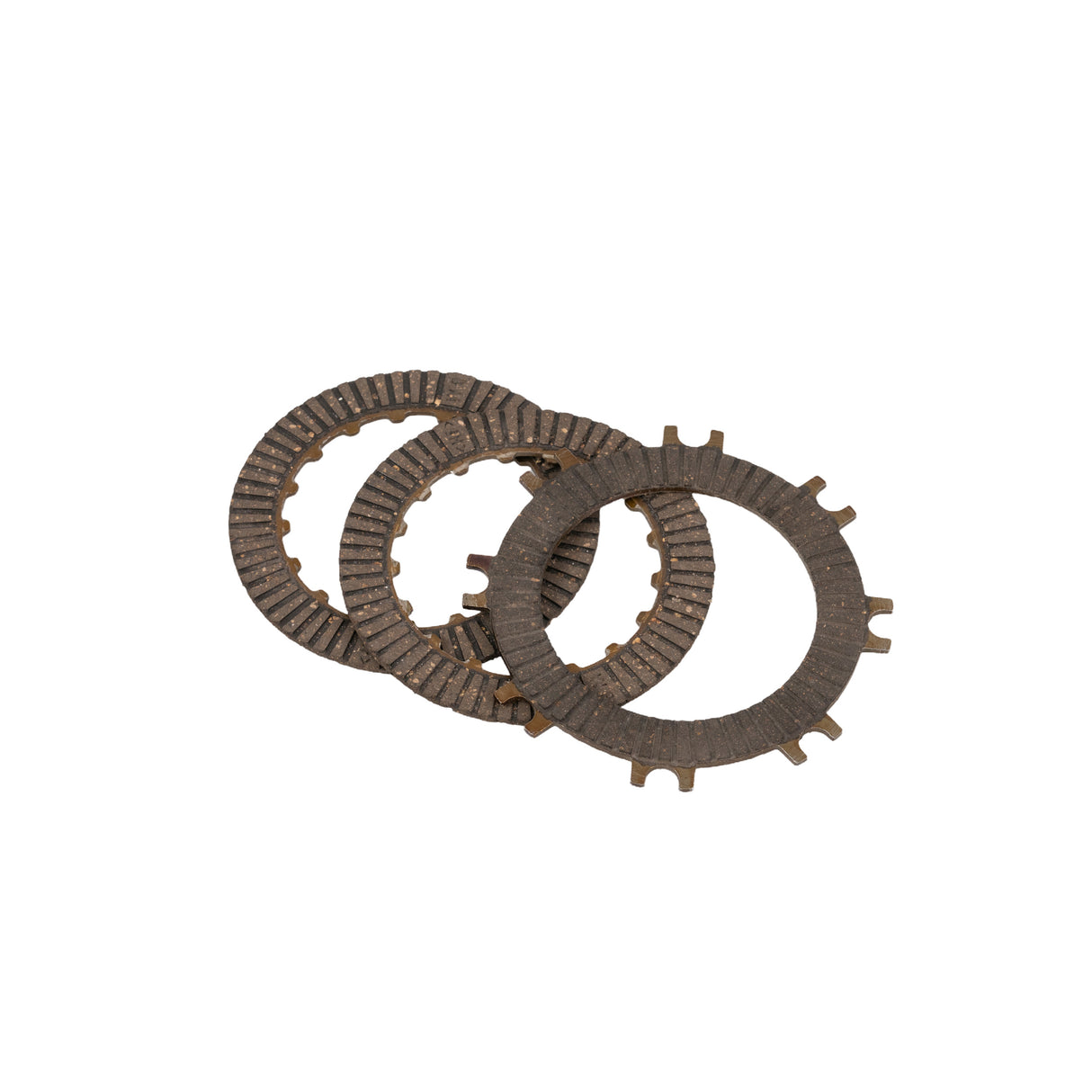 Single-Automatic Clutch Plate Set for 50cc-125cc Dirt Bikes & ATVs, showcasing three circular metal discs designed for compatibility with various dirt bike and ATV models within the 50cc-125cc engine range.