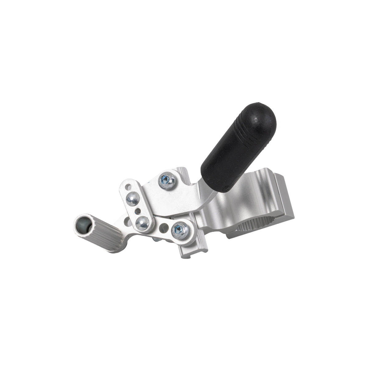 Left Push-to-Lock Brake for Drive Medical Viper Plus GT & Viper Plus GT Reclining Wheelchairs, featuring a black handle and rubber cap on a silver metal device, close-up of screws and pipe visible.