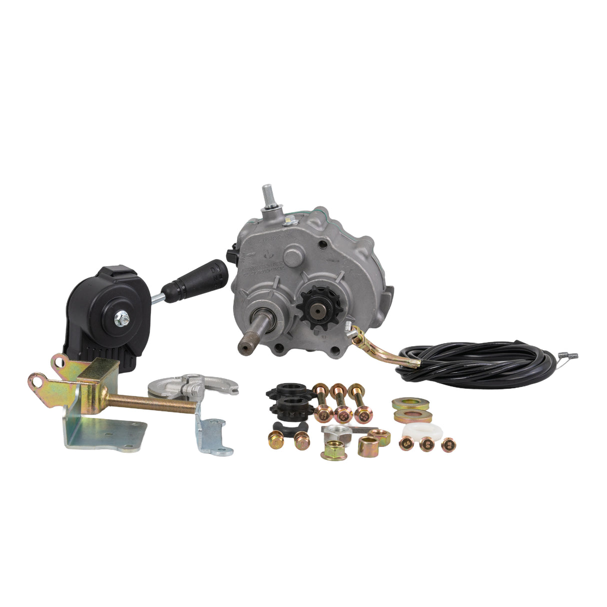 Reverse Gearbox Kit for Go-Karts with TAV2 Series 30 Torque Converters, featuring visible gears, bolts, a shift cable, and mounting hardware for engine repair and replacement.