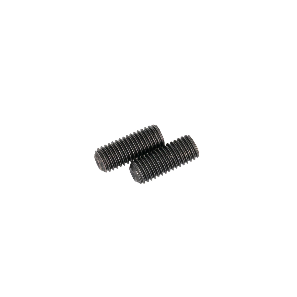 M7x1.00 x 15mm Set Screws for Standard Go-Kart & Mini Bike Clutch Collars (Set of 2). Close-up of two headless screws on a white background, emphasizing their black finish and precise threading.