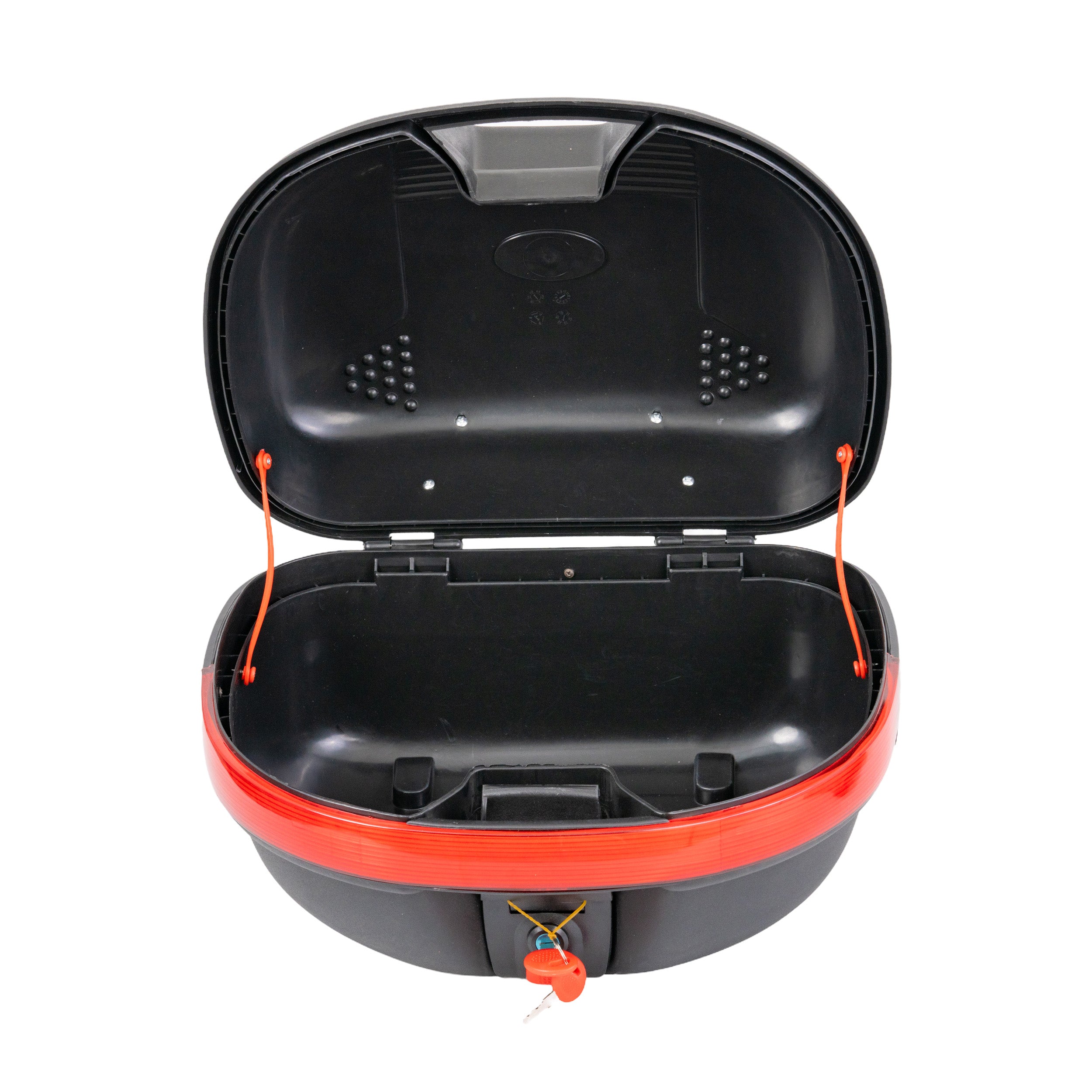 Standard Universal Dual Sport Top Case Scooter Trunk (Blemished) with minor scuffs and scrapes. Lock, keys, and mounting hardware included for secure attachment to rear cargo platforms.