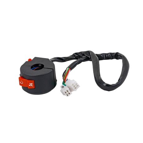 3-Function Starter Switch for 110cc ATVs, featuring a black device with multiple wires, a prominent red button, and white connectors. Suitable for various off-road machines in the 50cc to 250cc class.