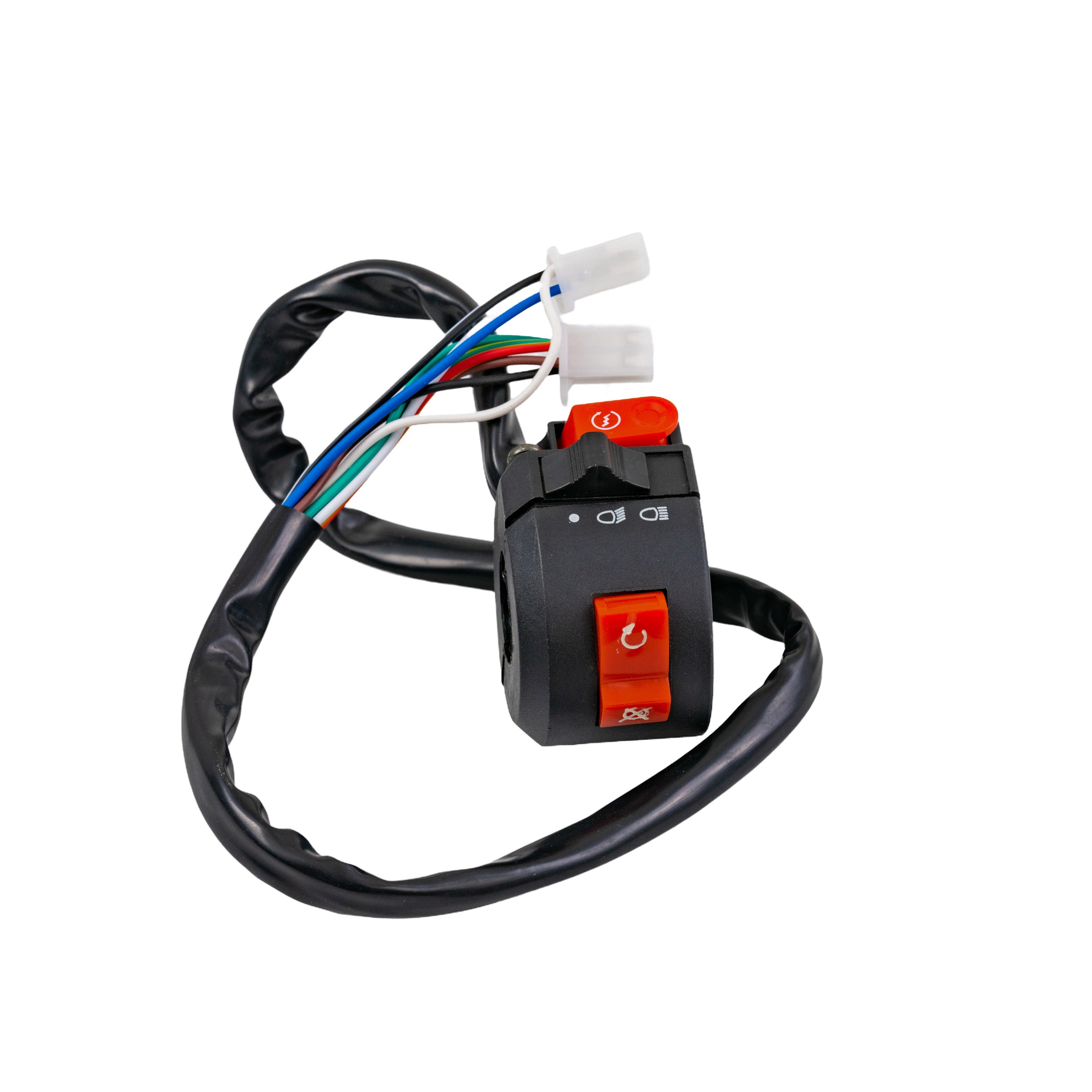 3-Function Starter Switch for 110cc ATVs, featuring prominent red and orange buttons, visible wires, and functional switches. Suitable for various off-road machines in the 50cc to 250cc class.