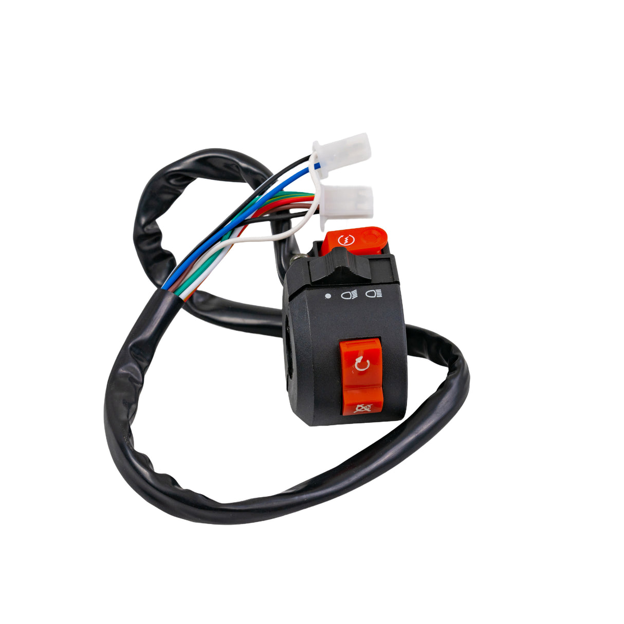 3-Function Starter Switch for 110cc ATVs, featuring prominent red and orange buttons, visible wires, and functional switches. Suitable for various off-road machines in the 50cc to 250cc class.