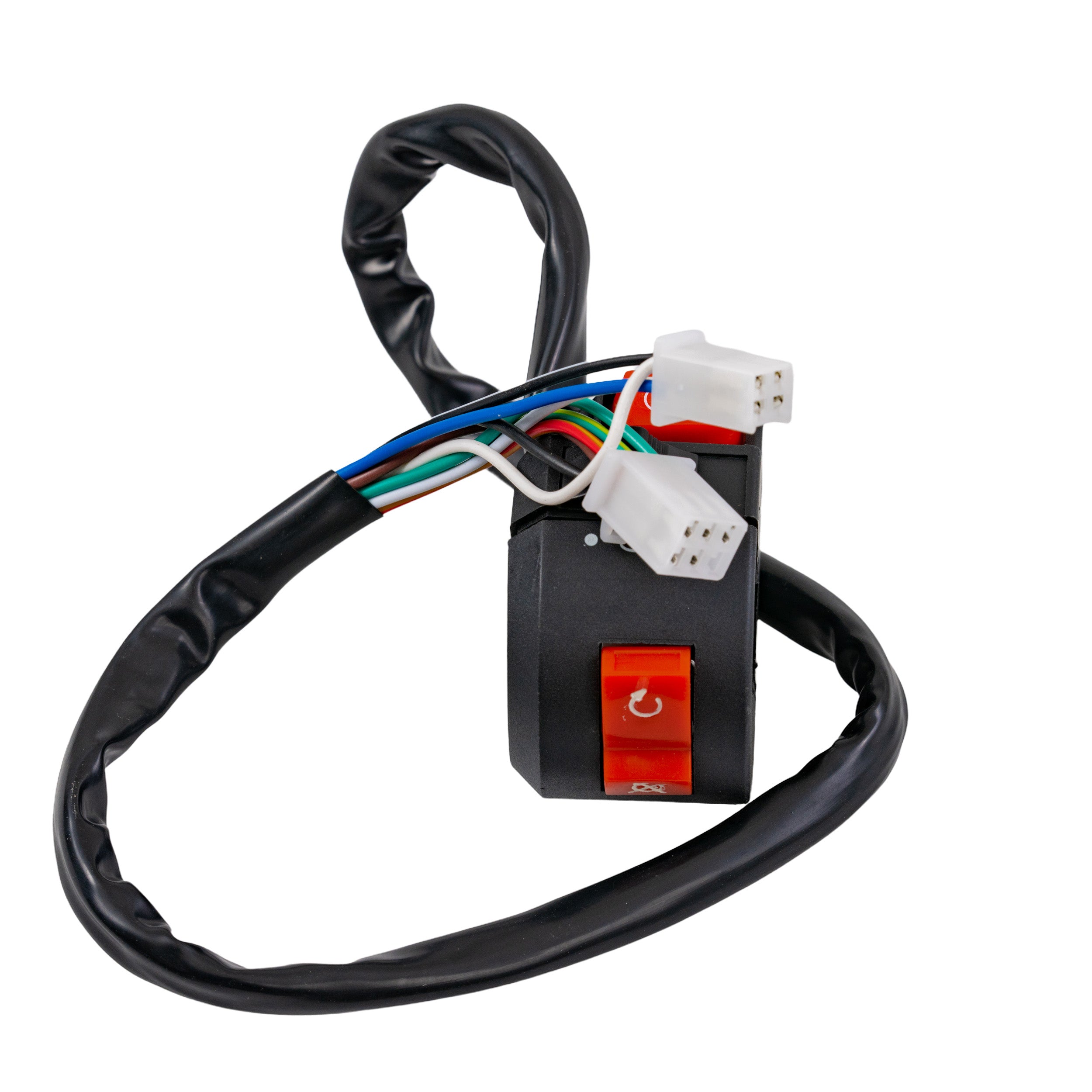 3-Function Starter Switch for 110cc ATVs, featuring a black electrical device with multiple wires and a red and white button, suitable for various off-road machines in the 50cc to 250cc class.