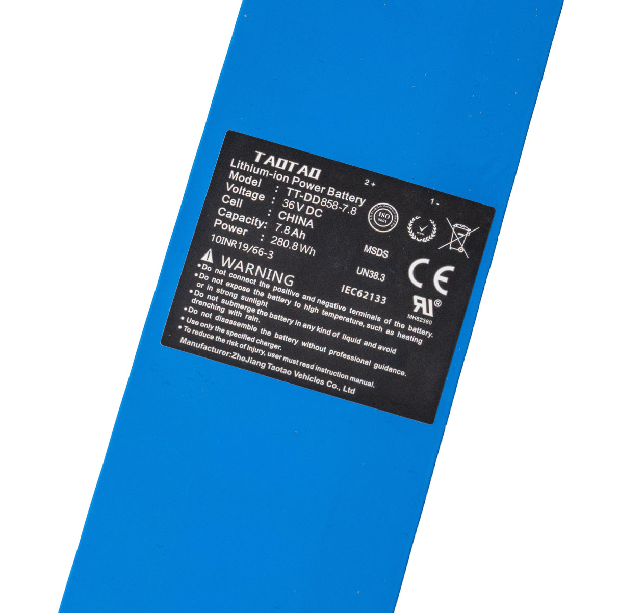 36 Volt 7.8Ah Lithium Battery Pack for the GOTRAX XR Elite Electric Scooter displayed with a black label on a blue surface, highlighting its compact design and white logo with a check mark.