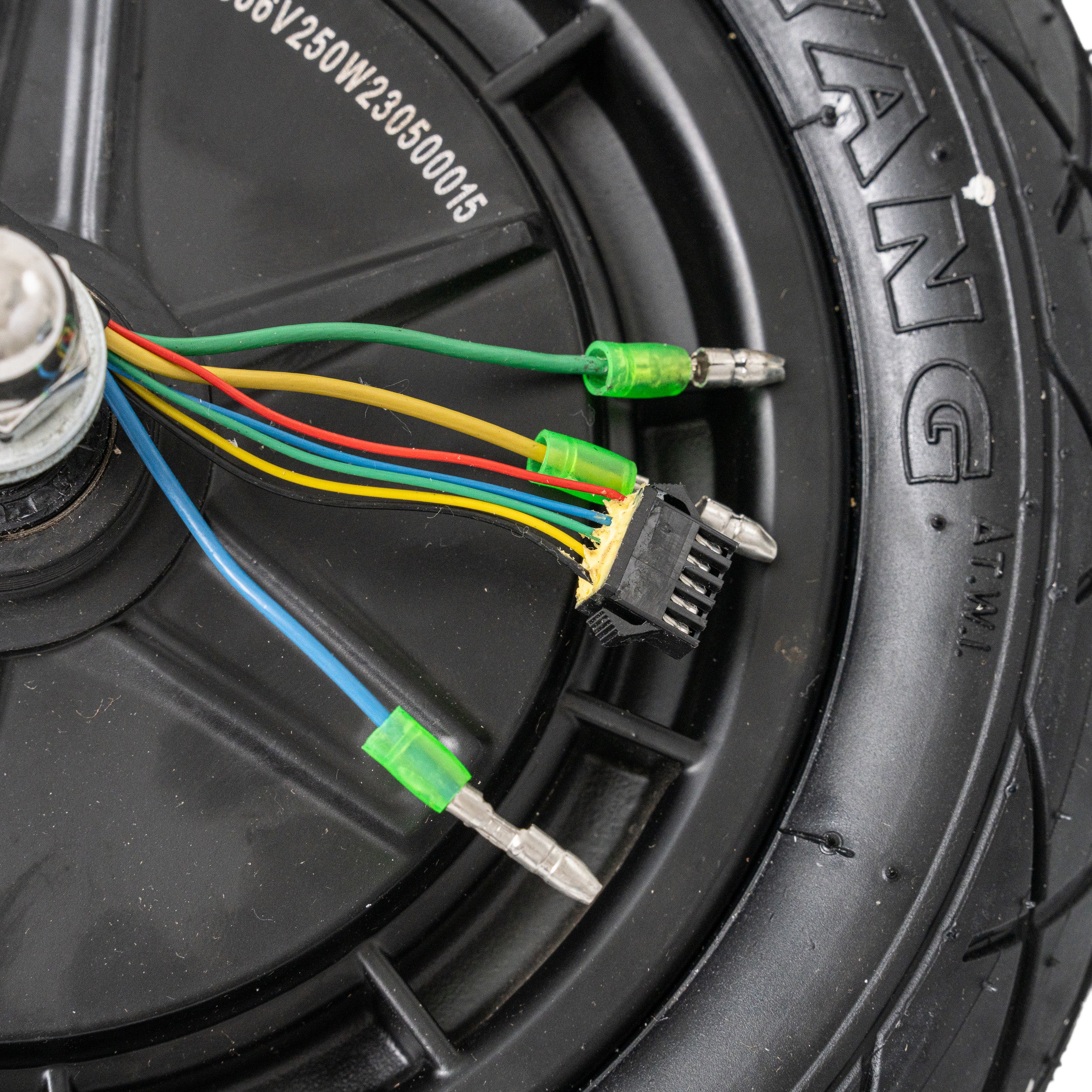 Rear Wheel Assembly with Hub Motor for the Jetson® LX10 Folding Electric Bicycle, featuring visible wiring harnesses and connectors, and a tubeless pneumatic tire.