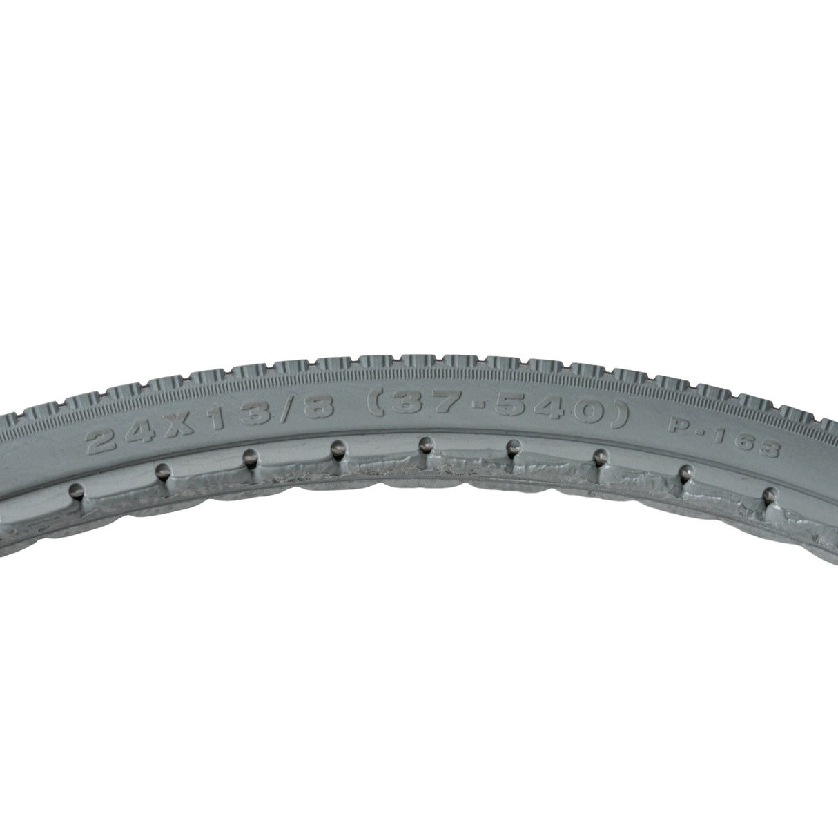 24x1-3/8 (37-540) Solid Urethane Orion Wheelchair Tire with P163 Street Tread (Primo), showcasing a curved tire with visible surface-gripping tread and writing, designed for manual wheelchairs.