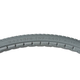 24x1-3/8 (37-540) Solid Urethane Orion Wheelchair Tire with P163 Street Tread (Primo), showcasing a curved tire with visible surface-gripping tread and writing, designed for manual wheelchairs.