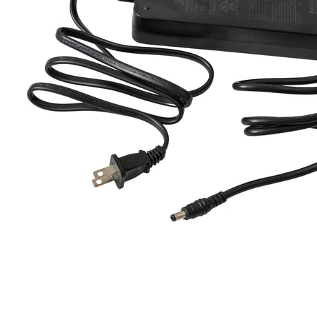 42 Volt Charger for Lithium Electric Scooters & E-Bikes featuring a black power cord with a coaxial connector and a black box. Suitable for 42V 2.0A battery charging.