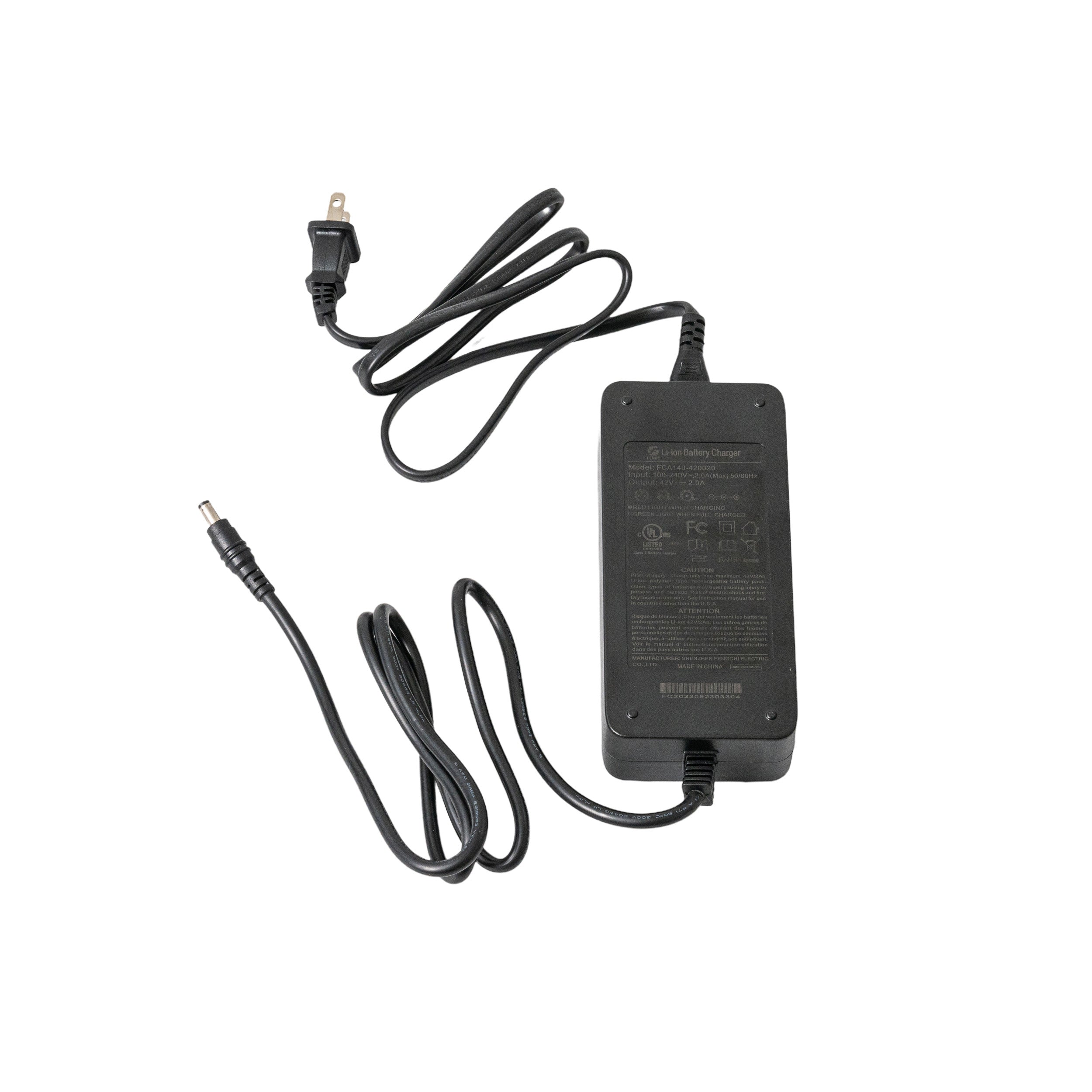 42 Volt Charger for Lithium Electric Scooters & E-Bikes, featuring a black power cord with a coaxial connector. The charger includes indicators for charging status: red LED for charging, green LED for charged.