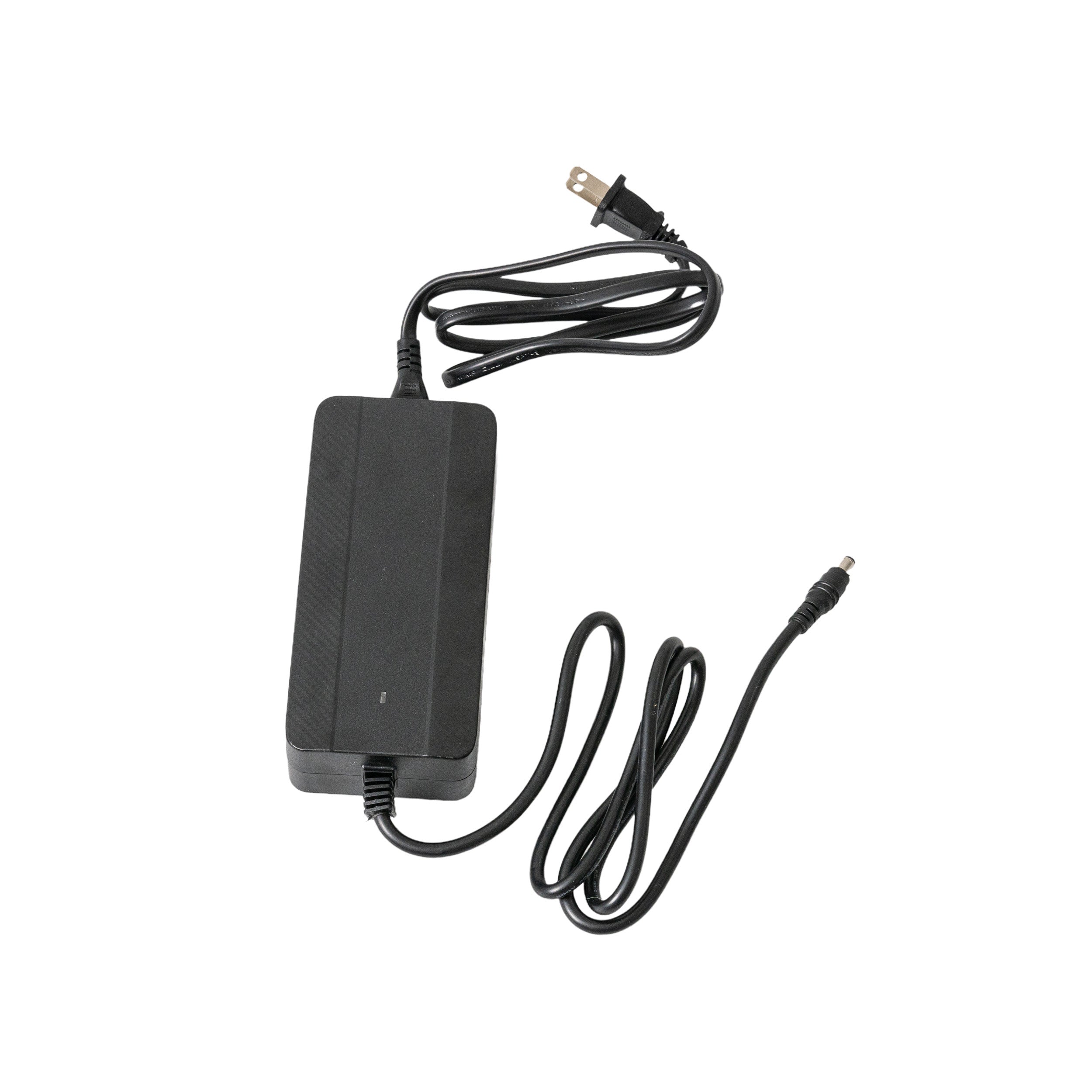 42 Volt Charger for Lithium Electric Scooters & E-Bikes with black coaxial connector and cable, shown close-up on a white background. Features 5.5 mm outer diameter and 2.1 mm inner diameter.