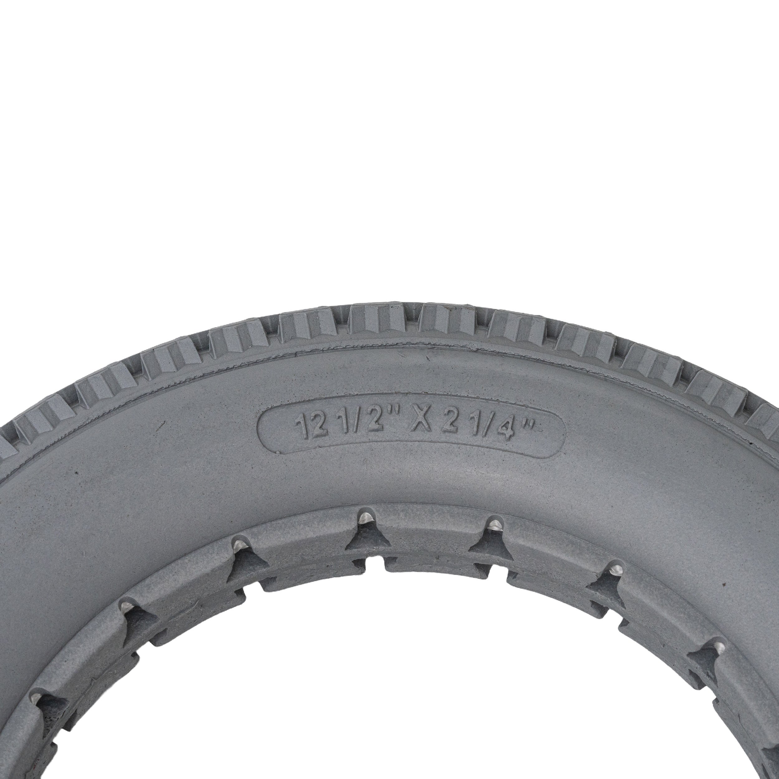 12-1/2x2-1/4 Light Gray Solid Urethane Mobility Tire with Knobby Tread, showing a detailed close-up of the tire's textured surface, ideal for indoor and outdoor use.