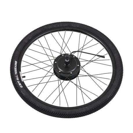 Rear Wheel Assembly with Hub Motor for the ANCHEER 26 350W Electric Mountain Bike (Blemished), featuring a black rim, spokes, and a harness with a 9-prong connector. Minor scratch and bent pins.