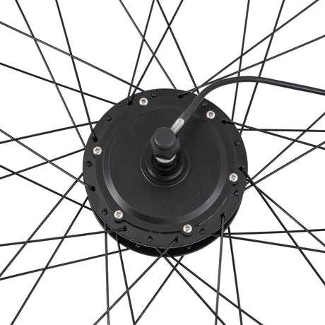 Rear Wheel Assembly with Hub Motor for the ANCHEER 26 350W Electric Mountain Bike (Blemished) showing a close-up of the black spoked wheel and metal components.