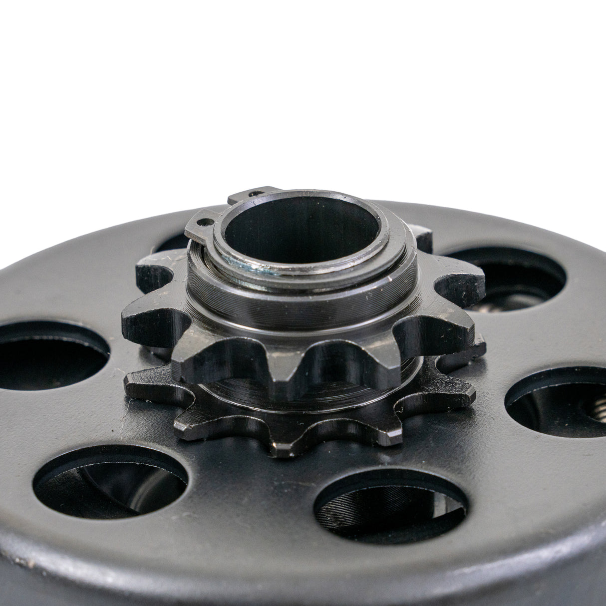 Close-up of a Clutch Assembly with 3/4 Shaft & 10 Tooth 420 Chain Sprocket for Baja Mini Bike MB165 & MB200, showing intricate black metal gear components.