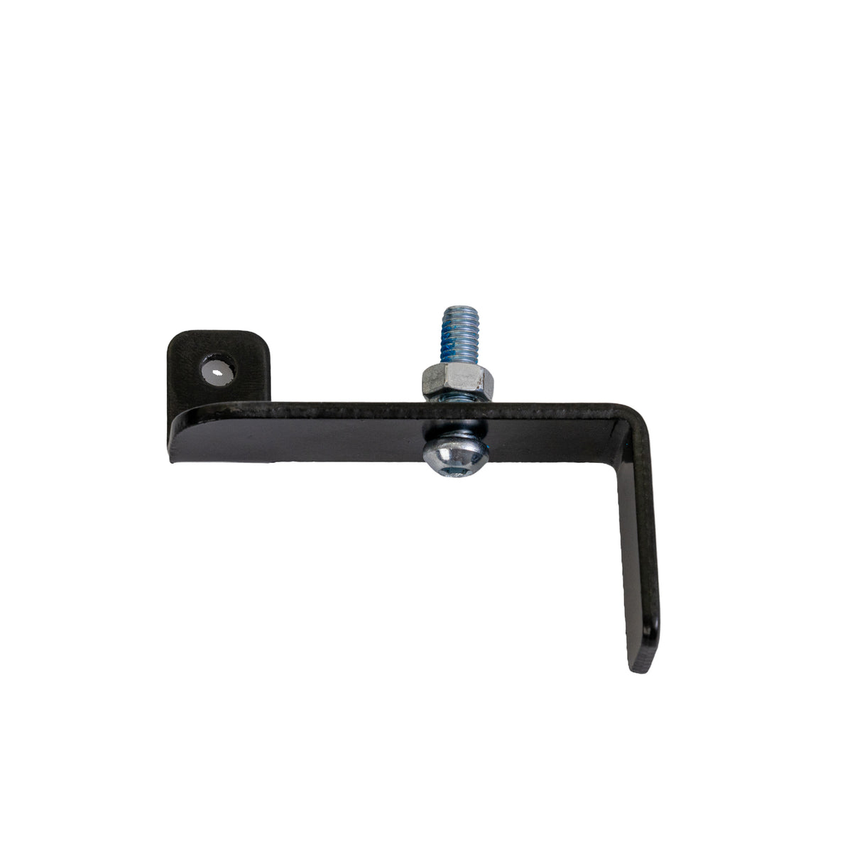 Left Wheel Brake Lock for the Drive Medical Nitro DLX Rollator, showcasing a sturdy black metal bracket with an attached bolt and nut, essential for secure left wheel braking.