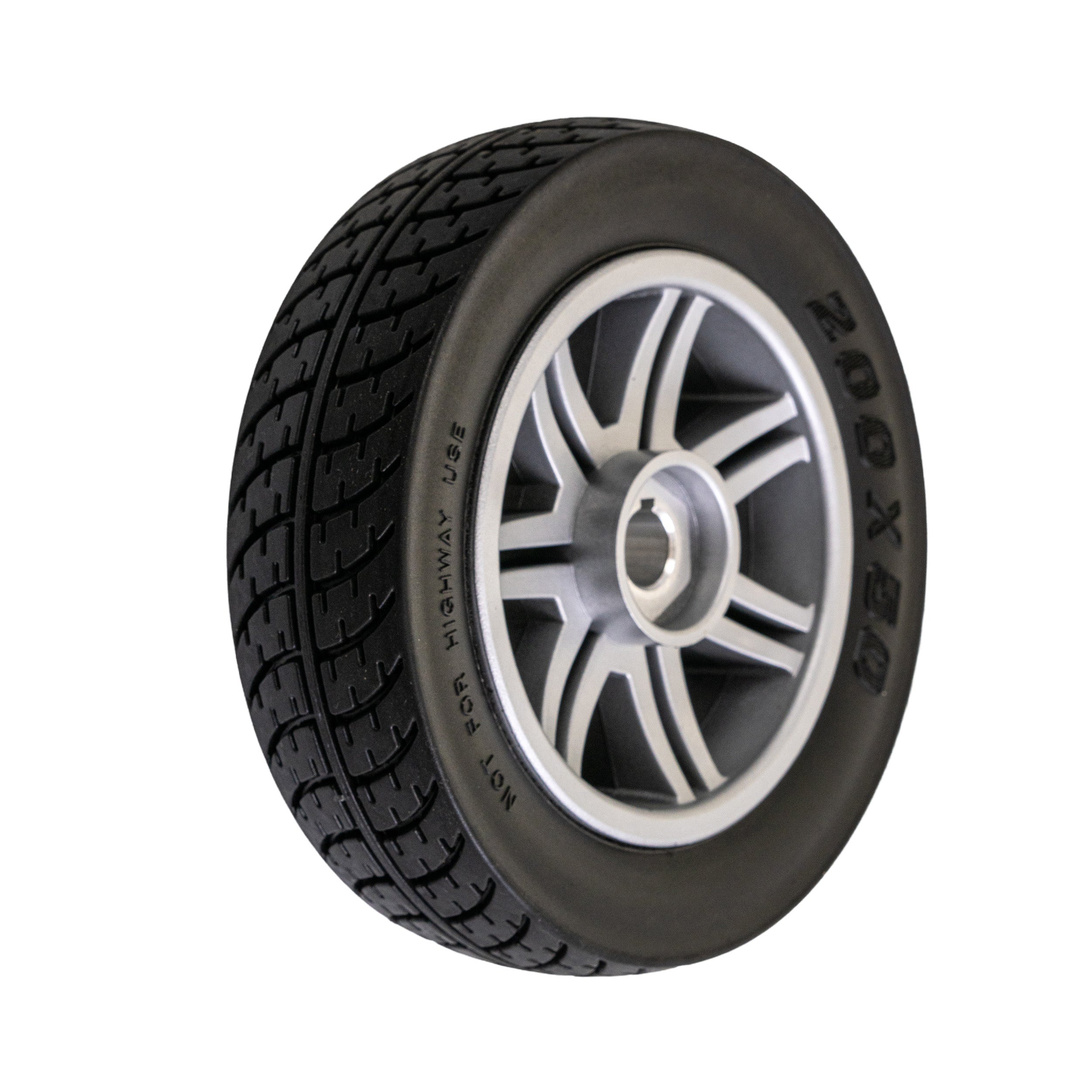 8x2 (200x50) Flat-Free Rear Wheel Assembly for Drive Scout DST 3 & 4 mobility scooters, featuring a solid tire with a silver rim and intricate tread design.