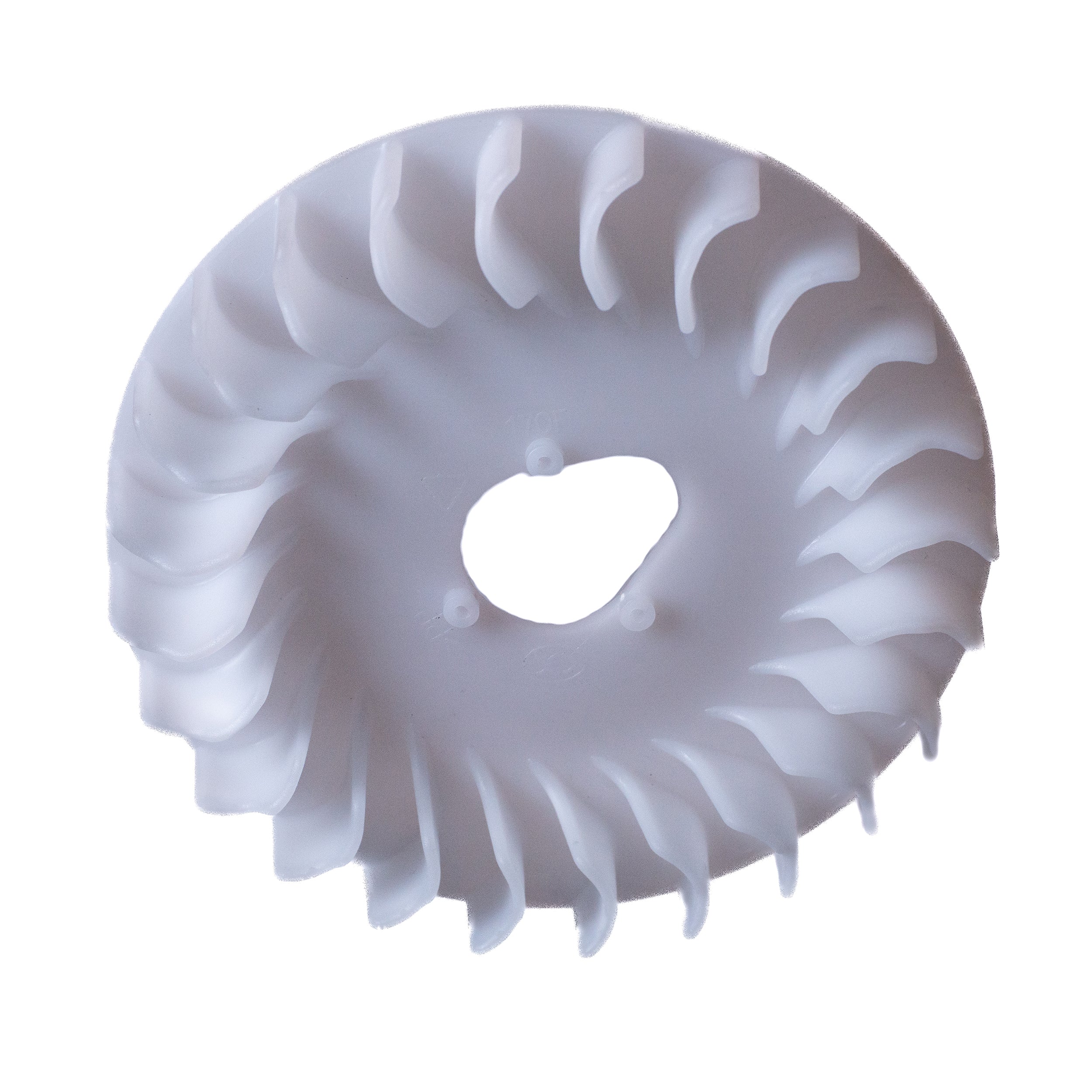 Flywheel Cooling Fan for the Predator 212cc GHOST Racing Engine, a durable white plastic circular fan with 34 fins and a central elliptical hole, designed to attach to the flywheel for optimal engine cooling.