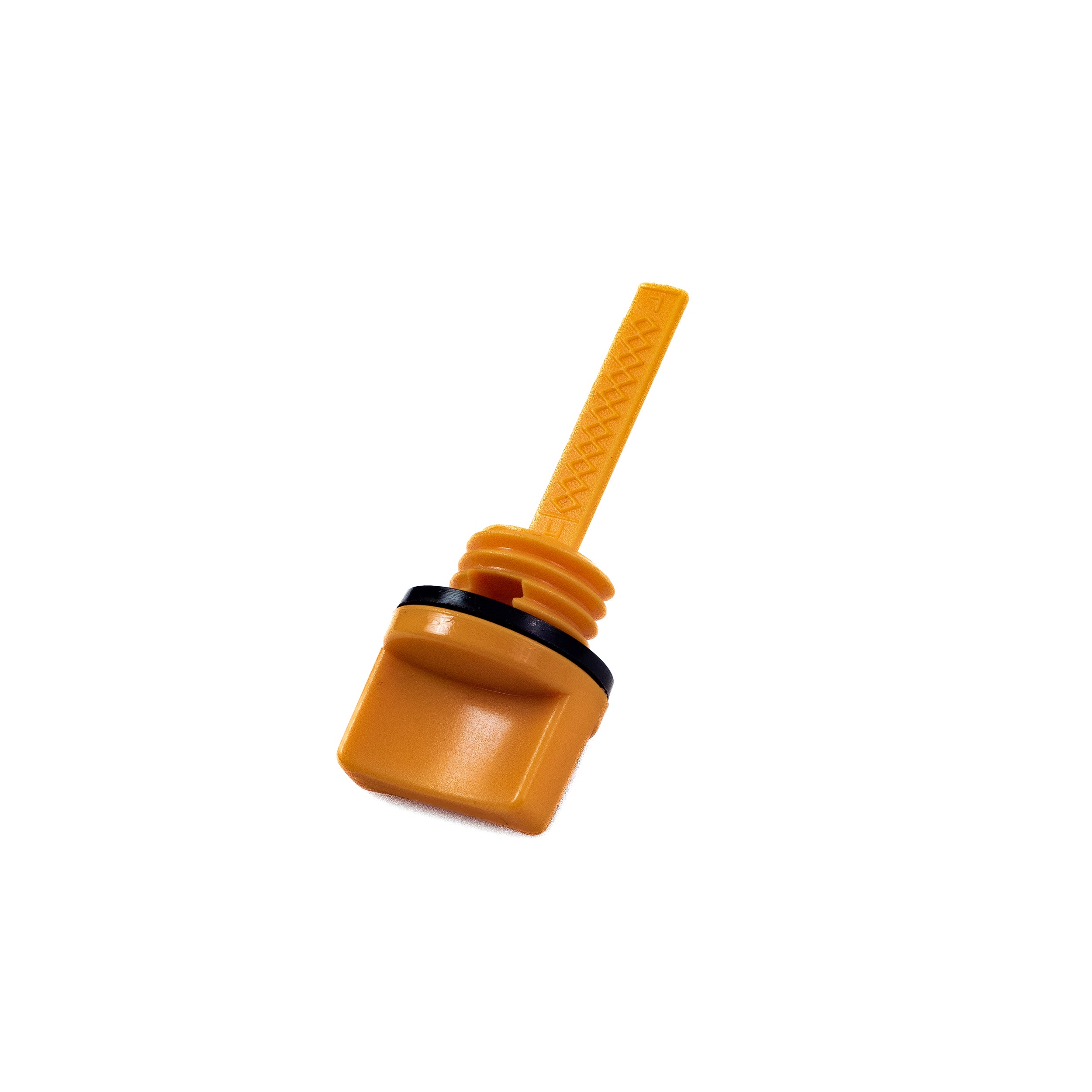 Close-up of the Oil Dipstick for the Predator 212cc GHOST Racing Engine, showcasing the orange plastic body with high and low marks, and an O-ring for a tight seal.