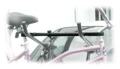 Dual Bike Carrier Crossbar Adapter mounted on a car's rear, showcasing its sturdy attachment and ability to securely hold two bicycles for easy transportation.