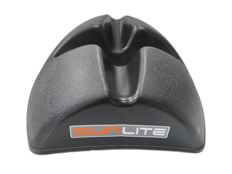 Forza Dual Size Bicycle Trainer Riser Block, a black plastic holder with a logo, designed to stabilize the front wheel at two heights, enhancing your indoor cycling experience.