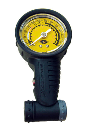 Close-up of the Duo Sport Air Pressure Gauge, showing its precise white hand on a detailed yellow dial. Ideal for monitoring air pressure in bikes and scooters, offered by Monster Scooter Parts.