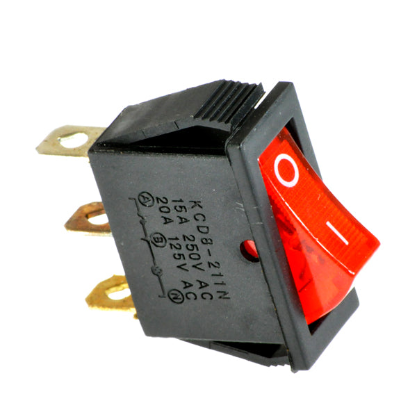 Red On/Off Switch with Light Indicator for Dynacraft & Surge Electric Scooters, featuring a visible red light and three 1/4 terminal connections on the backside housing.