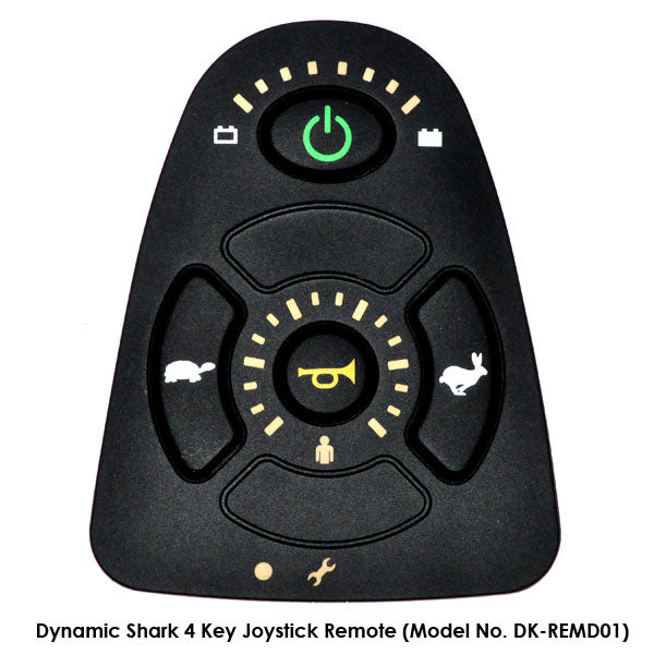 Dynamic Shark Joystick Remote close-up, showcasing its sleek, modern design with visible buttons and white text, compatible with various power chairs for enhanced mobility control.