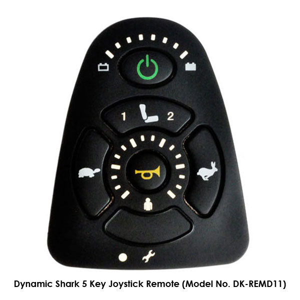 Dynamic Shark Joystick Remote: a black remote control with a green power button, designed for various power chair brands, featuring virtual speed pot technology and a circular speedometer.