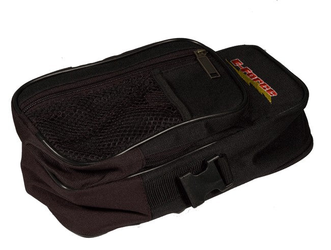 E-Force Scooter Handlebar Pack, a black zippered bag designed for carrying personal belongings, compatible with most Currie brand scooters and potentially other electric scooters.