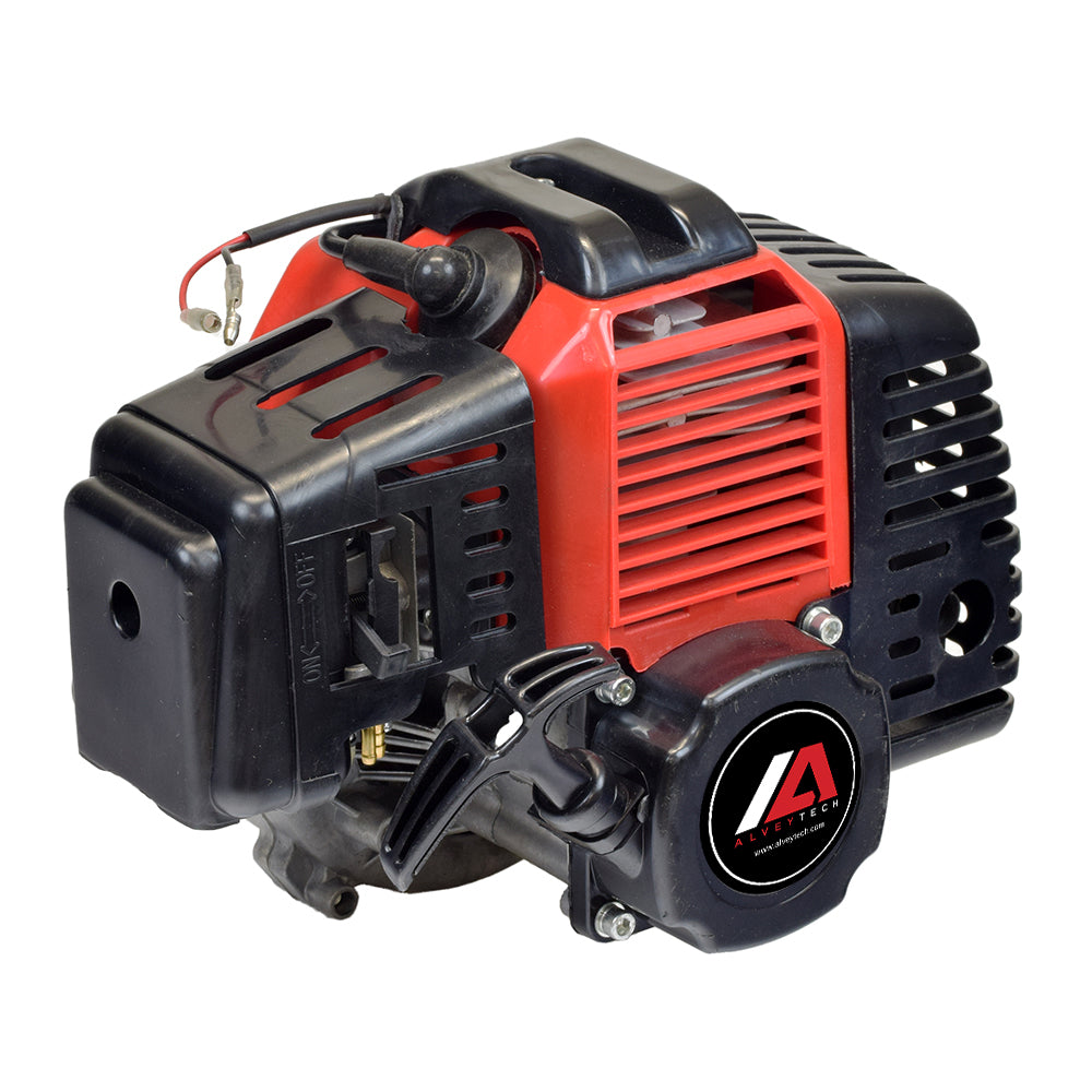 49cc/52cc scooter engine with manual pull start, black and red, featuring a carburetor, muffler, air filter, and clutch pad assembly. Suitable for gas scooters, pocket bikes, and mini choppers.