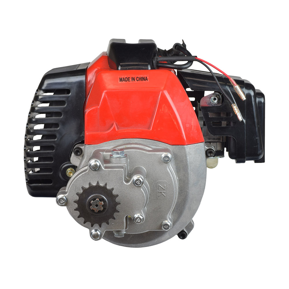 49cc/52cc scooter engine with manual pull start, featuring a visible muffler, carburetor, air filter, and clutch assembly. Ideal for gas scooters, pocket bikes, and mini choppers.