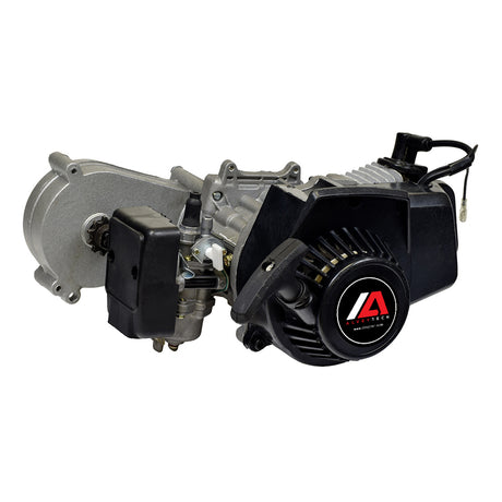 47cc Engine with Gearbox Transmission for Dirt Bikes, Mini Quad ATVs, & Pocket Bikes, featuring a black and silver engine, close-up views of the logo, and a 14-tooth 8 mm chain drive sprocket.