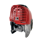 40cc 4-Stroke Engine for ATVs, Dirt Bikes, & Mini Bikes featuring a close-up of its metallic components, including a visible pipe and red plastic grill.