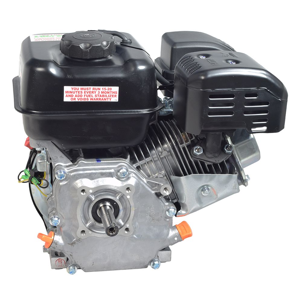 6.5 HP Mini Bike Engine & Drivetrain Kit with 420 Chain; close-up of the black plastic fuel tank, red and white label, air filter, muffler, carburetor, and pull start assembly visible.