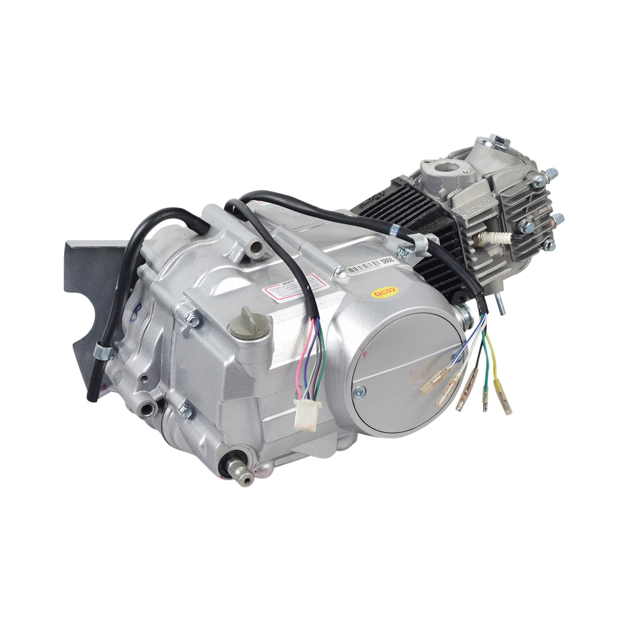 50cc 4-Stroke Engine with Manual Clutch & Kick Start for Dirt Bikes, featuring a silver body, intricate wiring, and a robust build, ideal for custom builds or replacements.