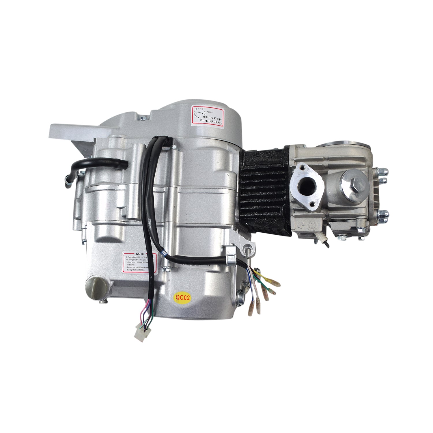 50cc 4-Stroke Engine with Manual Clutch & Kick Start for Dirt Bikes, featuring a silver machine with black wires, including a visible vent and label, ideal for custom builds or replacements.