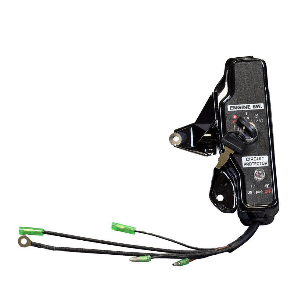 Electric Start Switch Assembly with Keys for 6.5 Hp 168F Honda GX200 Clone Style Electric Start Engines, featuring a black engine control box with attached wires and a key on a circuit protector.