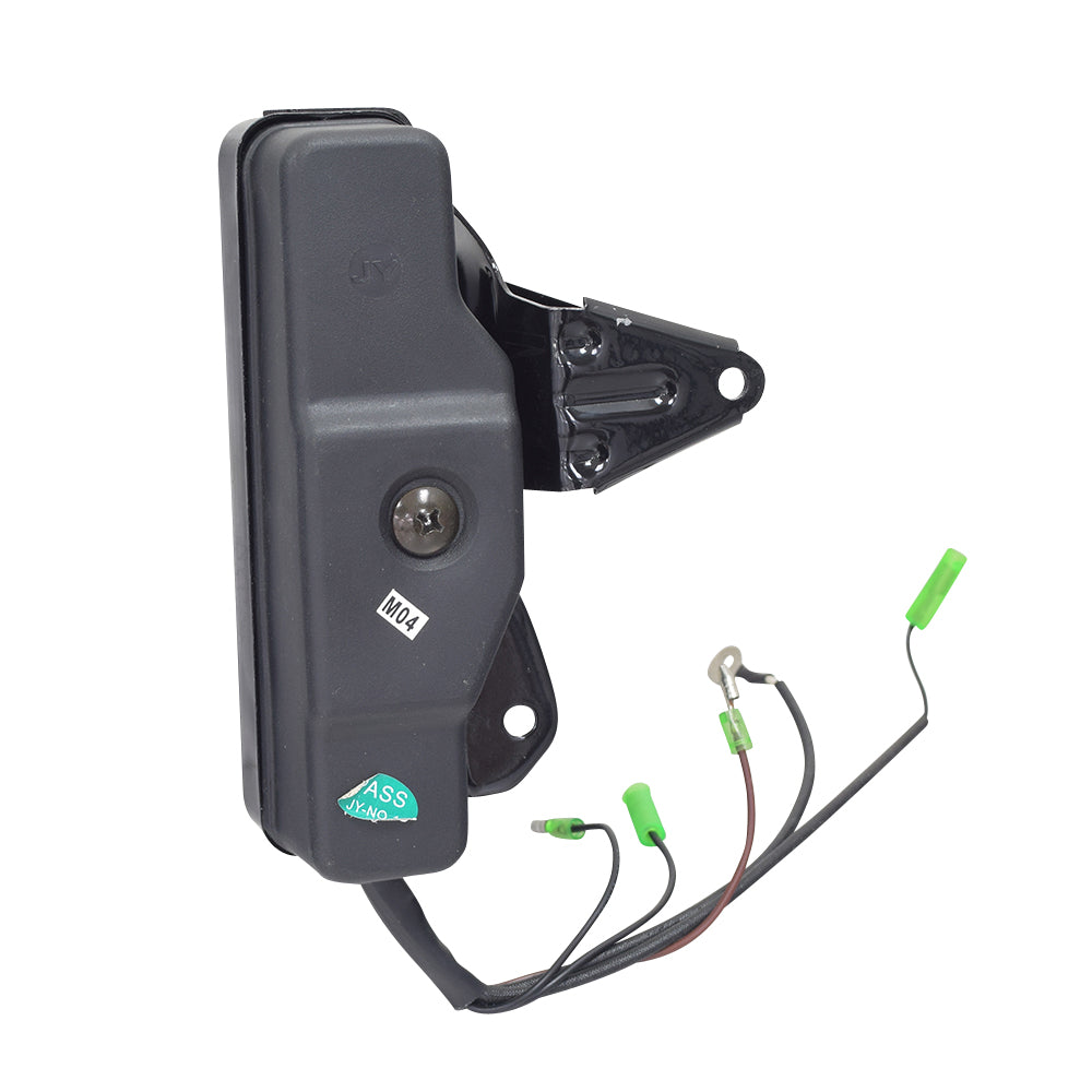 Electric Start Switch Assembly with Keys for 6.5 Hp 168F Honda GX200 Clone Style Electric Start Engines, featuring black device with wires and close-up of a screw.