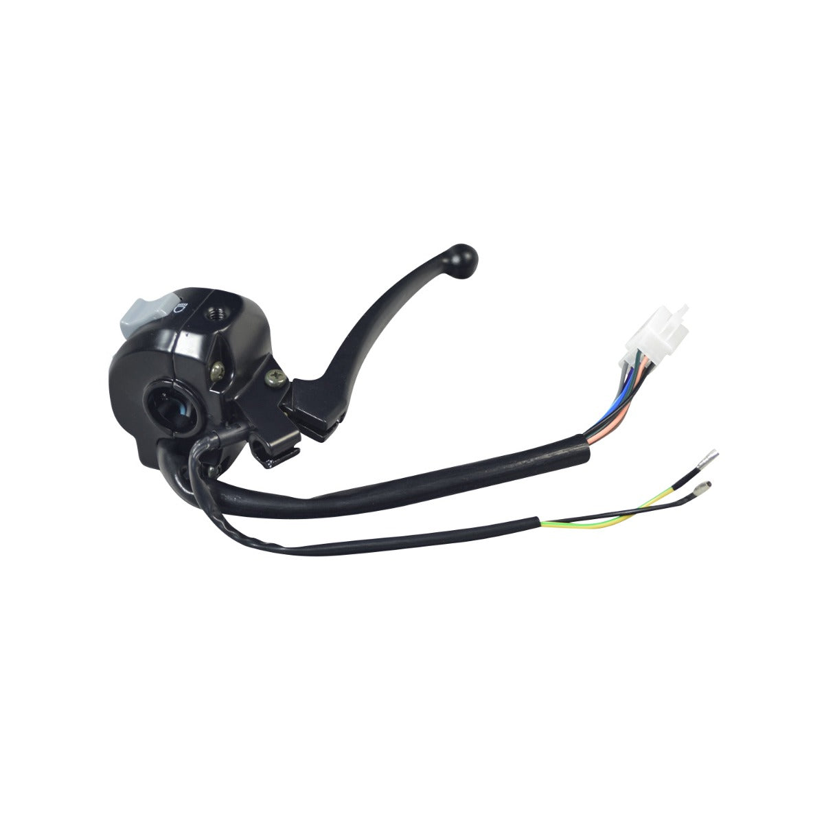 Left Hand Control Switch with Lever for GY6/QMB139 Scooters, featuring a black handlebar with integrated buttons, horn, lights, turn signals, and connected wires for easy replacement.