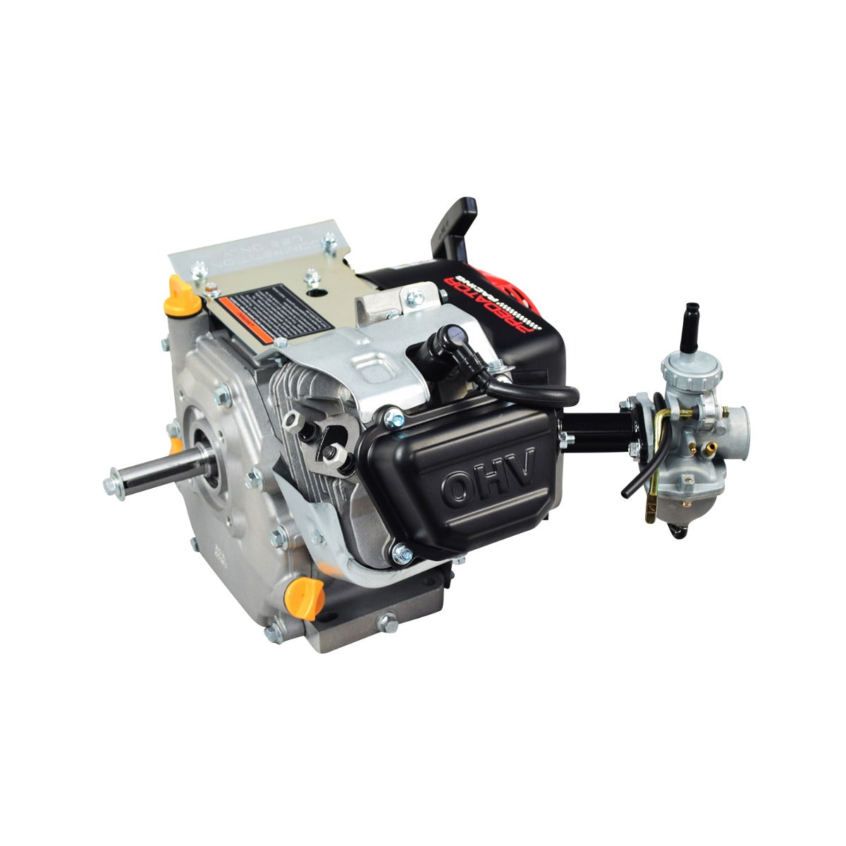 Predator 212cc GHOST Racing Engine for Go-Karts & Mini Bikes with a black and silver engine, featuring a PZ22 carburetor and manual choke, visible close-up of the carburetor and mechanical components.